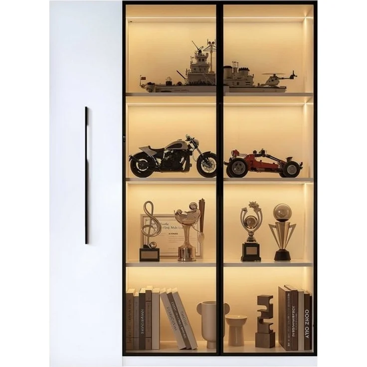 BlingBin Stauraumvitrine Multifunktionsschrank Glasvitrine (1-St, Bücherregal mit LED-Vitrine & seitlichem Auszugsschrank auf Rollen) Soft-Close-Scharniere, Warmgelbe Beleuchtung, 110,5×35×160 cm – Bild 4