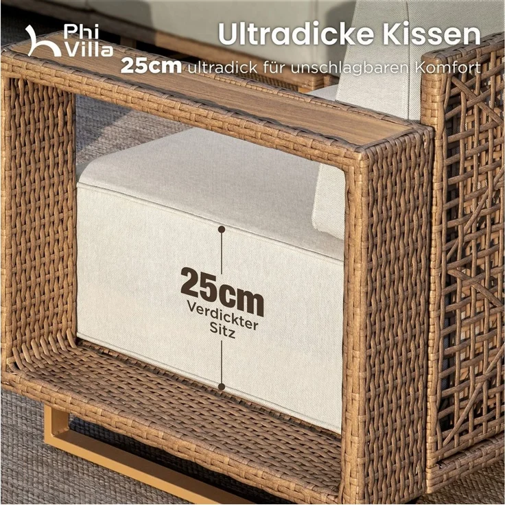 PHI VILLA Gartenlounge-Set, (Rattan Gartenmöbel Set Balkonmöbel, Allwetter Gartensofa Terassenmöbel Außen mit Dicken Weißen Kissen), Lounge Möbel Outdoor Sofa Sets für Garten und Terrasse – Bild 3
