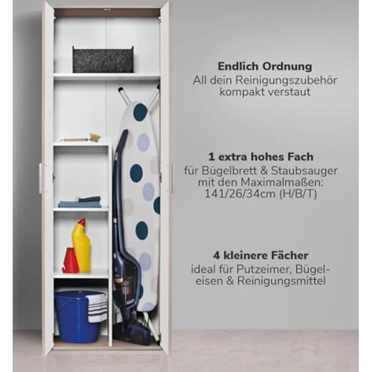 mokebo® Besenschrank 60CM Breite mit Staubsaugerfach 'Der Lange' moderner Mehrzweckschrank in Sonoma Eiche aus Holz, Schrank & Putzschrank | 60 x 180 x 34 (B/H/T in cm) | Braun – Bild 5