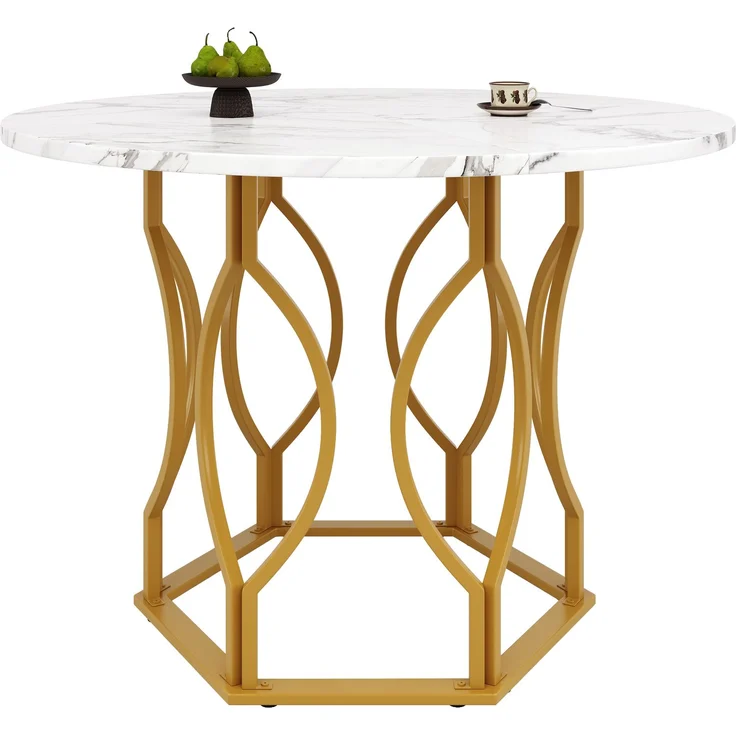 Esstisch-Set (5-teilig), Esstisch-Set mit 4 Stühlen, Küchentisch-Set, runder Esstisch mit 100 cm Durchmesser und goldenen Metallbeinen, weiße MDF-Tischplatte, Esszimmerstühle aus dunkelgrün Samt--Mehrfarbig--78x65.99x15.01cm--YOUDENOVA – Bild 8