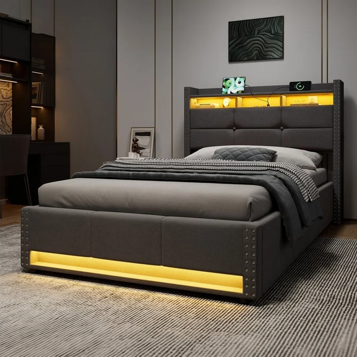 STILVORA Polsterbett 90×200 mit Bettkasten Bettgestell in Grau, Leinenbezug, ohne Matratze (Bettgestell inkl. Lattenrost), Mehrfarbige LED-Beleuchtung, Integrierte Ladefunktion, Nietenbesatz – Bild 3