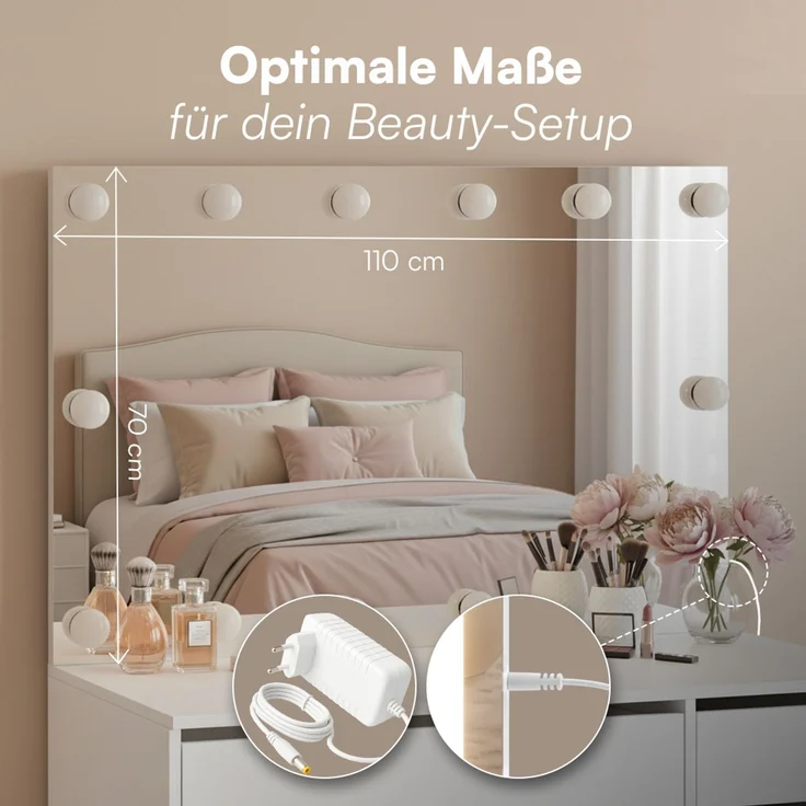 Bellamio 'Livny' Schminkspiegel mit LED-Glühbirnen, dimmbar, Hollywood Spiegel mit 3 Lichtfarben, weiß, 110x70 cm, inkl. Touch-Screen (mit Wandbefestigung) – Bild 7