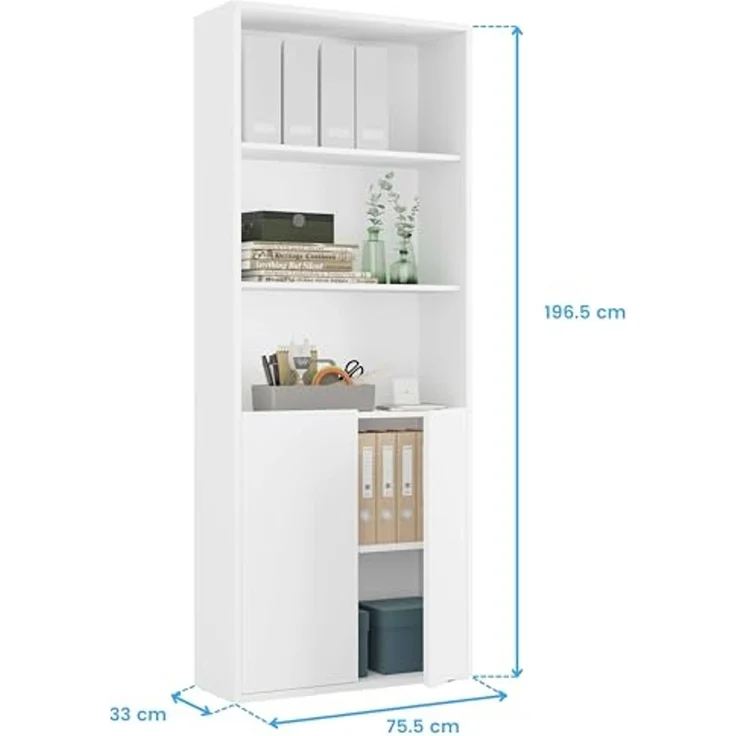 Muebles Pitarch | Bücherregal für Büro oder Arbeitszimmer mit 2 Türen und 4 Regalen, Wohnzimmer-Bücherregal, Weiß, 196,5 x 75,5 x 33 cm (Höhe x Breite x Tiefe), einfach, elegant und robust – Bild 3