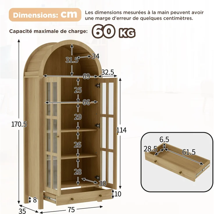 Moderner bogenförmiger Standhochschrank mit mehreren Regalebenen & Schublade – Multifunktionale Vitrine & Regalschrank mit höhenverstellbaren Einlegeböden für Wohnzimmer, Arbeitszimmer und Esszimmer--Natürlich--75x35x170.5cm--YOUDENOVA – Bild 7