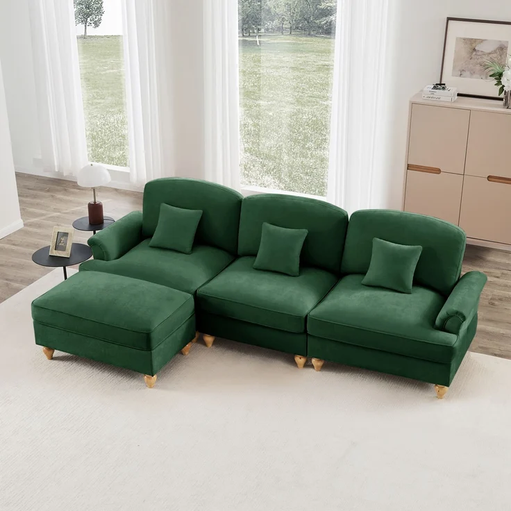 Modulares Mid-Century L-förmiges 3-Sitzer Sofa, Chenille, Trichter-Armlehnen, abnehmbare Rüschenschürze, spindelförmige Beine, beweglicher Hocker, tiefer Sitzkomfort fürs Wohnzimmer, Grün – Bild 6