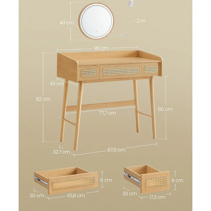 SONGMICS HOME BOHOVEN Kollektion – Schminktisch mit Spiegel, Beleuchtung, Kosmetiktisch 3 Schubladen in Rattan-Optik, Touch-Steuerung, 3 Lichtfarben, dimmbar, Boho-Stil, Schlafzimmer, eichenbeige – Bild 5
