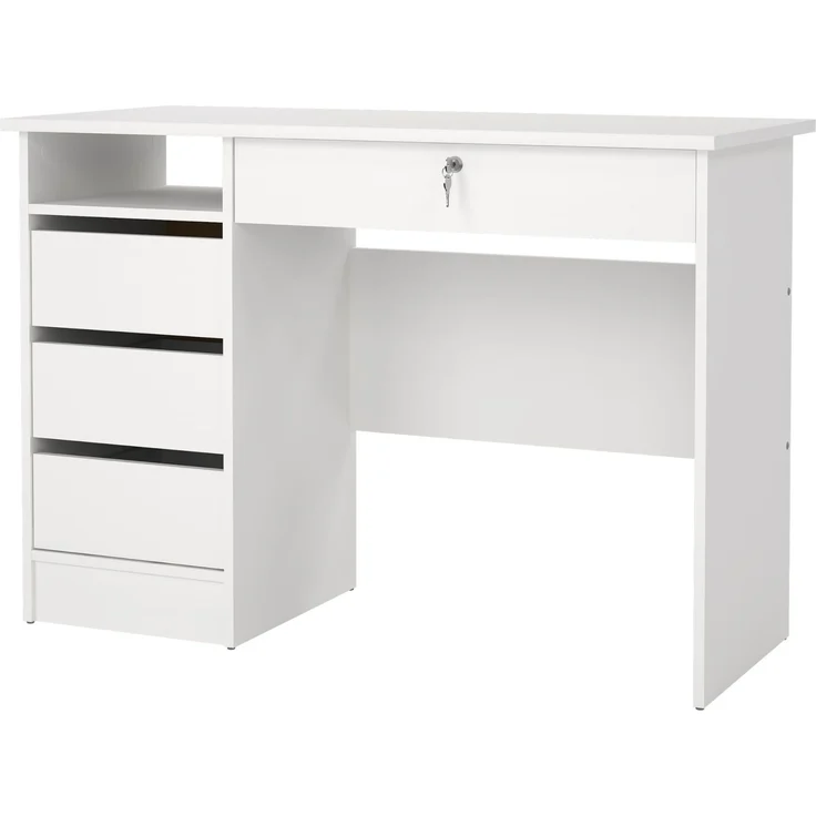 Tvilum Computertisch, Bürotisch, Schreibtisch, mit 1 Ablagen, 4 Schubladen, für Büro, Wohnzimmer, moderner Stil, Weiß
