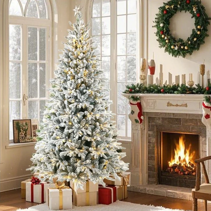 Sinaopus Künstlicher Weihnachtsbaum mit Beleuchtung, Weihnachtsbaum mit Schnee, aus PE und PVC, Tannenbaum künstlich, Christbaum mit Metallständer, Weihnachtsdeko, 180cm, 260 Lichter, 1000 Spitzen, flammbeständig, naturgetreu – Bild 3