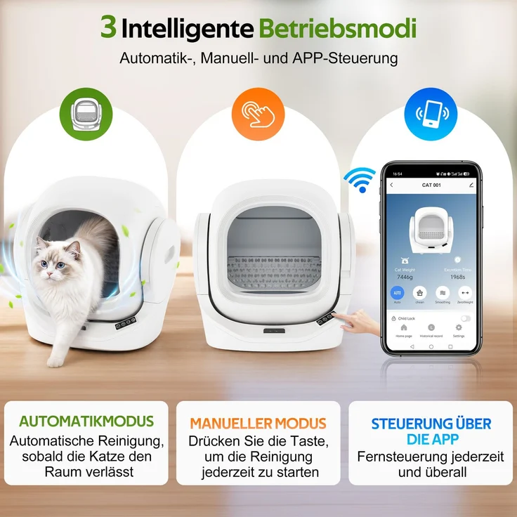 Intelligente automatische Katzentoilette mit App-Steuerung, 68L Großraum, 8L Abfallbehälter, Aromabox, Infrarot-Sicherheit, für 1–2 Katzen, selbstreinigend, leise, kindersicher--Weiß--53x45.5x56.5cm--YOUDENOVA – Bild 6