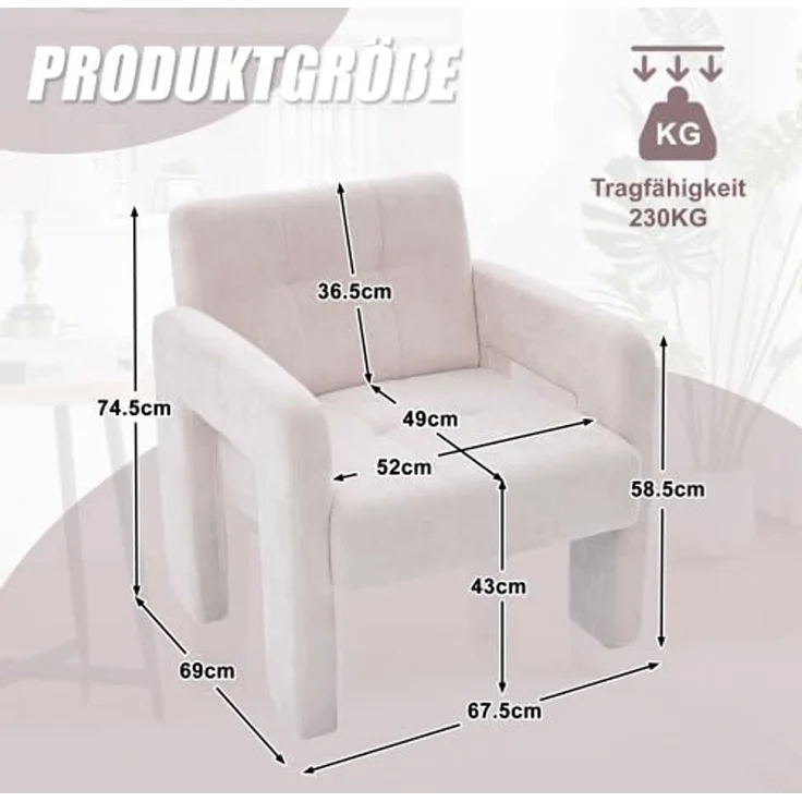FurnitureR Relaxsessel mit Beistelltisch und Aufbewahrungskorb, Moderner Einzelsessel mit Armlehnen und Rundem Couchtisch 45 cm, Wohnzimmer Möbel Set im Minimalistischen Design, Beige – Bild 2