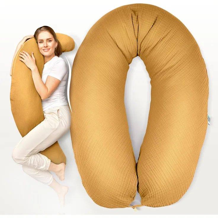 sei Design XXL Stillkissen 190x35 mit Musselin-Bezug ergonomisch. Schwangerschaftskissen Seitenschläferkissen Komfortkissen für Erwachsene. Stillkissenbezug aus 100% Bio-Baumwolle