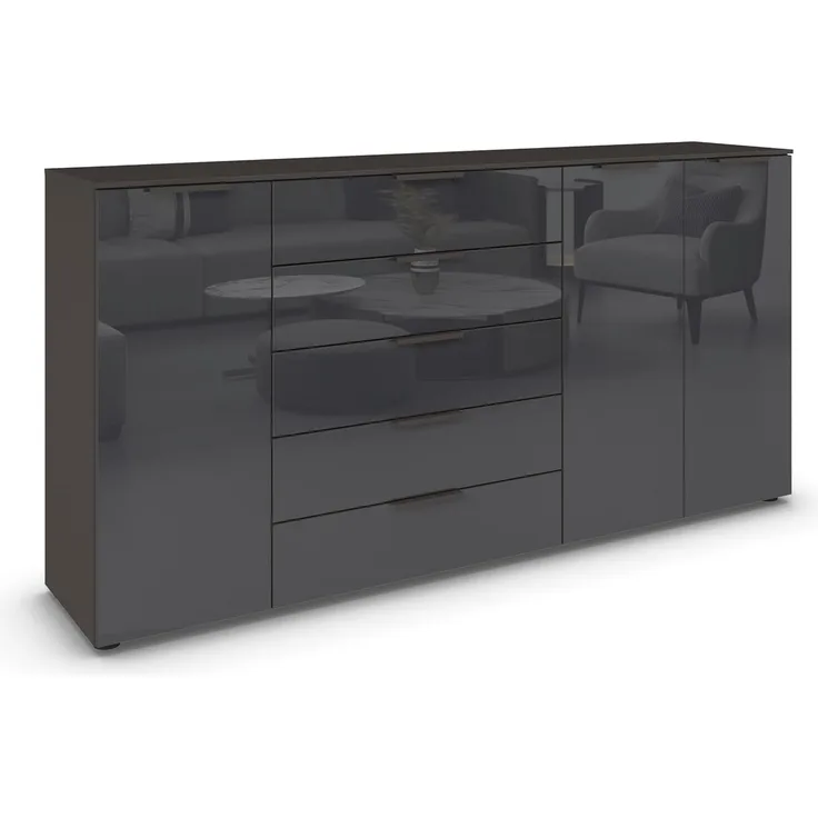 Rauch Möbel Flipp, Kombikommode, Kommode mit Stauraum für Wohnzimmer, Schlafzimmer, Flur, 4 Fachböden, Graphit/Glasfront Basalt, 3-türig, Glastüren, 5 Schubkästen, Griffe graphit, 199 x 100 x 42 cm