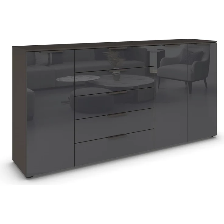 Rauch Möbel Flipp, Kombikommode, Kommode mit Stauraum für Wohnzimmer, Schlafzimmer, Flur, 4 Fachböden, Graphit/Glasfront Basalt, 3-türig, Glastüren, 5 Schubkästen, Griffe graphit, 199 x 100 x 42 cm