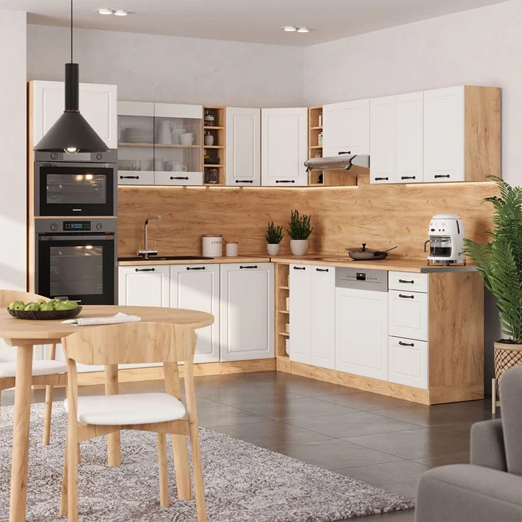 Eckküche R-Line Weiß Landhaus/Goldkraft Eiche 247 x 46 cm ohne Arbeitsplatte Vicco – Bild 3