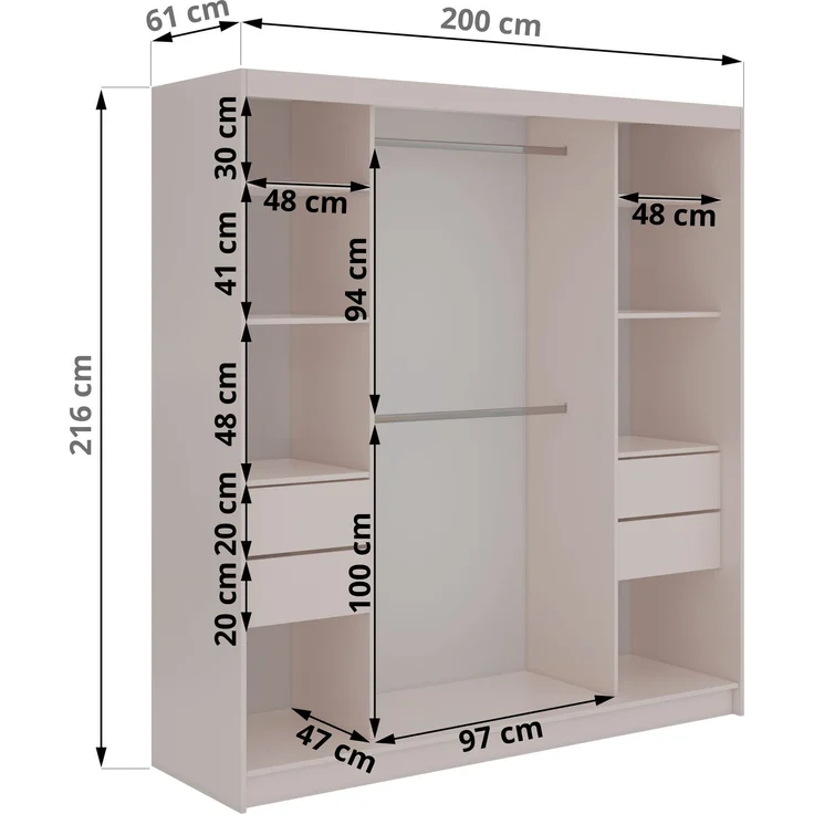 Schiebetürenschrank GRECJA 200 cm breite mit Spiegelfront und Dekor-Applikationen in Kaschmir, inkl. Kleiderstange & Einlegeböden mit Schubladen - Kaschmir – Bild 5