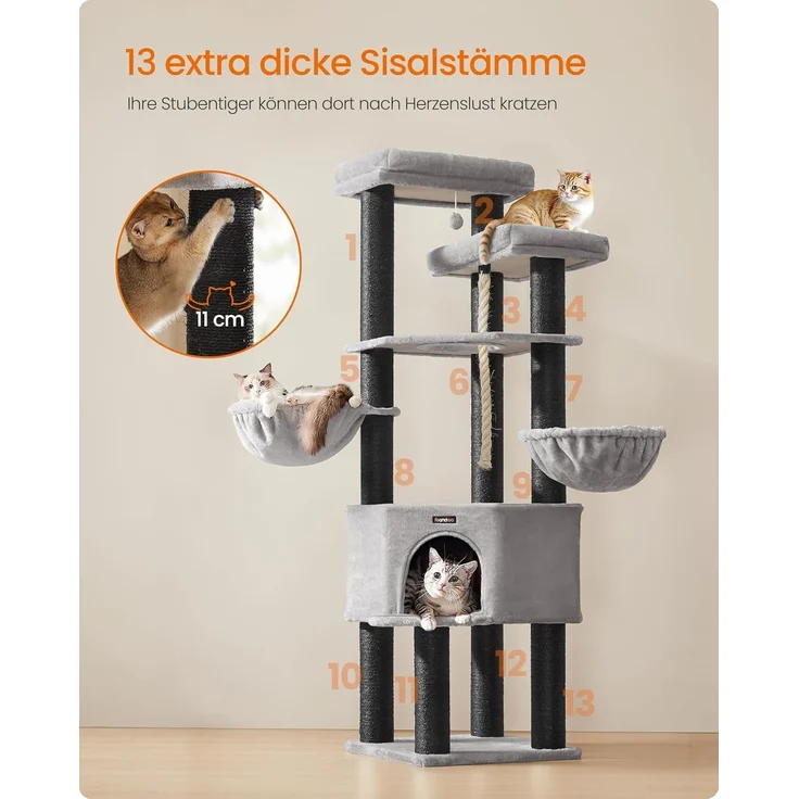 Feandrea Kratzbaum groß, mehrstöckiger Katzenbaum, XXL, 55 x 55 x 186,7 cm, 11 cm d Dicke Sisalstämme, für große Katzen wie Maine-Coon-Katze, Katzenkratzbaum, Taubengrau-tintenschwarz – Bild 3