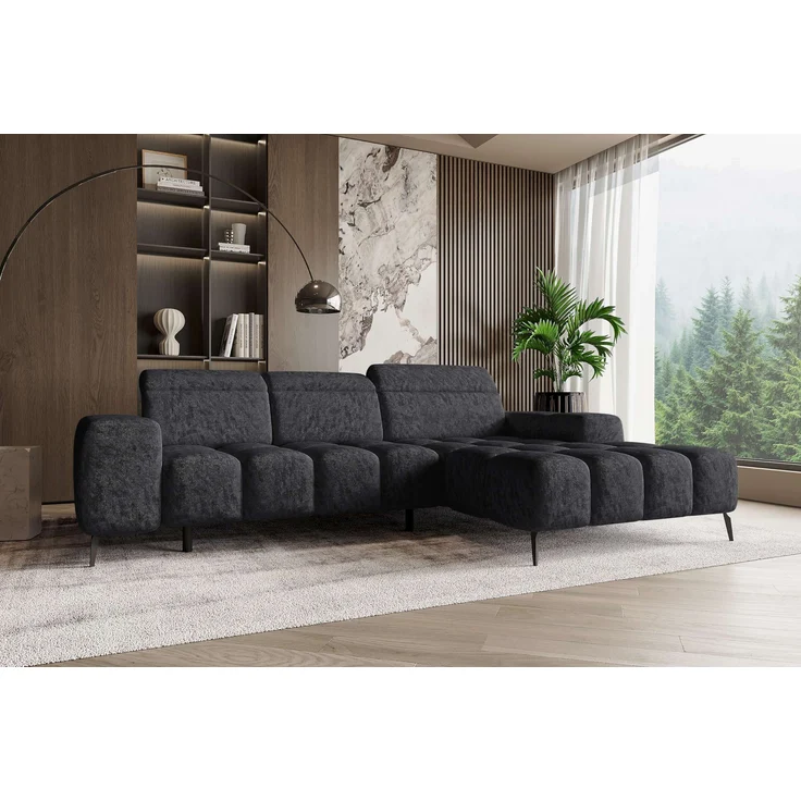 99rooms Milano Ecksofa Chenille APHRODITE Schwarz Rechts mit Sitztiefenverstellung