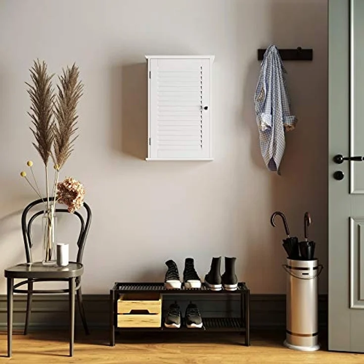 VASAGLE Wandschrank, Badezimmerschrank, Medizinschrank mit höhenverstellbarer Regalebene, Badschrank mit Tür, 40 x 16 x 60 cm, Holz, weiß BBC24WT – Bild 4