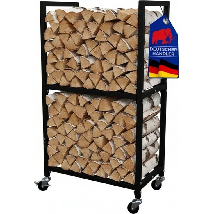 PROREGAL® Kaminholzregal PHOENIX mit Rollen & 2 Ebenen 82x44x28cm Metall Schwarz Holzständer, BxTxH:44x28x82 cm, Holzständer Holzhalter Kaminholzständer Brennholzregal – Bild 1