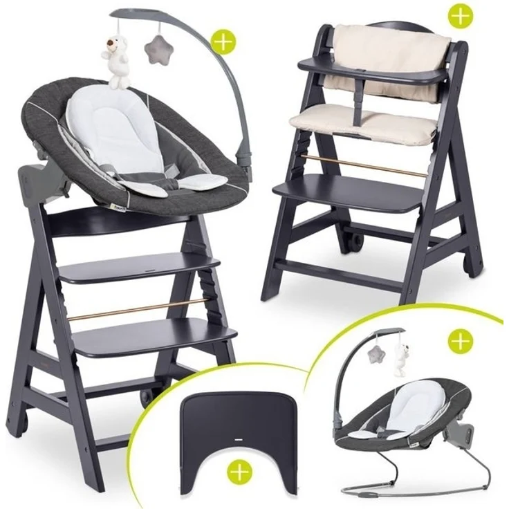 Hauck Hochstuhl Beta Plus Dark Grey - Newborn Set Deluxe, Holz Babystuhl ab Geburt, Aufsatz für Neugeborene, Sitzkissen, Tisch – Bild 4