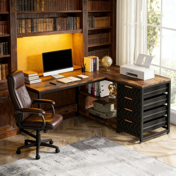Stilvoll Computertisch,Bürotisch,Arbeitstisch,Eckschreibtisch,L-förmiger Schreibtisch (nur Tisch)--Schwarz, Rustikales Braun--150x110x75cm--YOUDENOVA – Bild 2