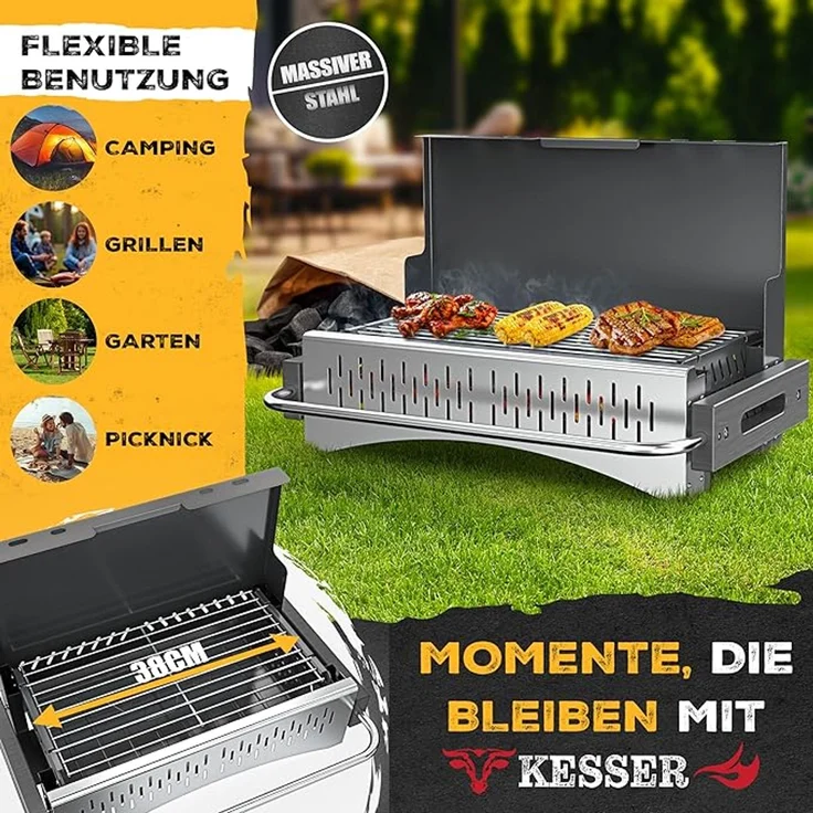 KESSER® Klappgrill, tragbarer Holzkohlegrill aus pulverbeschichtetem Stahl inkl. Grillrost, Grillmatte & Tragetasche, Schwarz, 38 x 50 x 34 cm – Bild 5