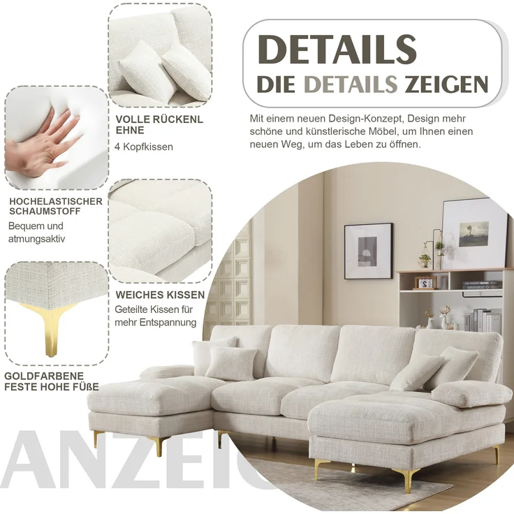 LVHOM Loungesofa 272x136x88 cm, 4-6 Personen, 6-Sitzer Chenille U-Shape Sektionssofa/Modulares Sofaset/Schlafsofa/Ecksofa/Relaxliege – Bild 5