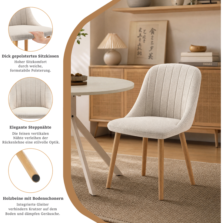 GOEURVANT 1001 Esstisch Set rund Ø 100 cm in Travertin-Optik weiß, Küchentisch mit 2 eleganten Stühlen in Beige – Bild 10