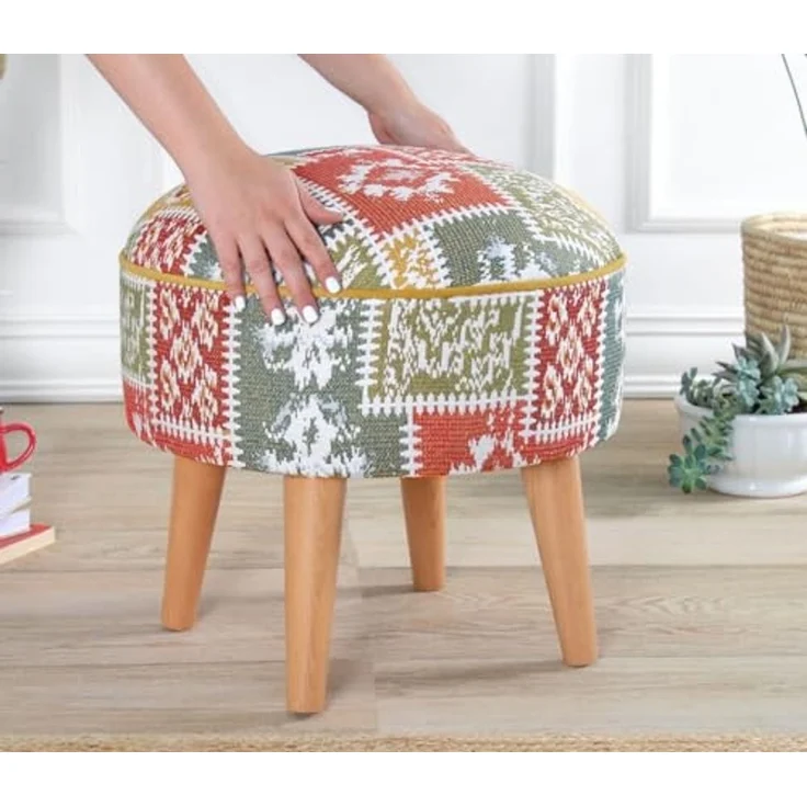 Atelier Del Sofa Stylish White Pouffe, 45 x 45 x 45 cm | 50% Cotton & 50% Linen, 35 HR Orthopedic Soft Sponge (6 cm) | Durable Beech Wood Legs, Perfect for Modern Living Spaces – Bild 3