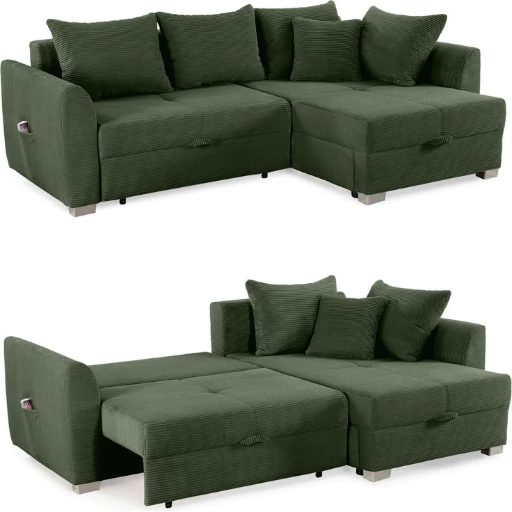 Ecksofa L-Form Couch Polsterecke ausziehbar Schlaffunktion Bettkasten Cord Grün – Bild 1