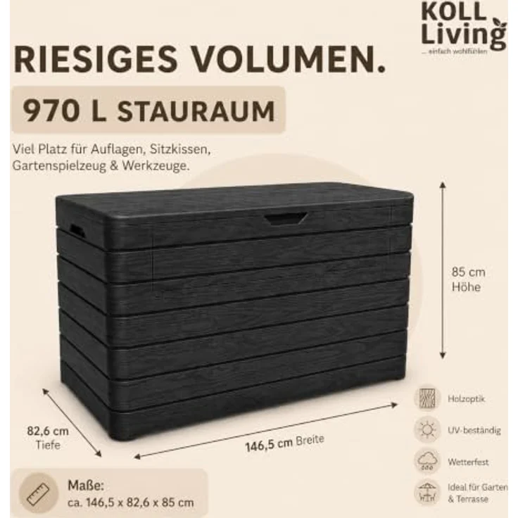 Koll Living Gartenbox Nora, 970 Liter, Kunststoff, anthrazit, abschließbar, mit aufklappbarer Front und Gasdruckfedern – Bild 2