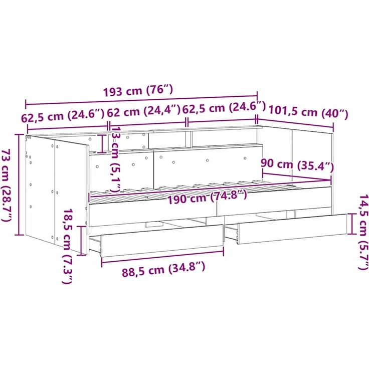 vidaXL Tagesbett Schwarz Eichen-Optik 90 x 190 cm Holzwerkstoff 3334004 – Bild 12