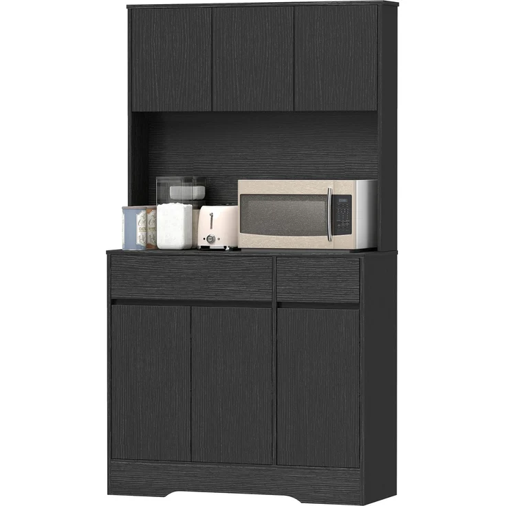 MELAYR, Buffet-Küchenschrank mit Arbeitsplatte, 6 Türen, hoher Stauraumschrank mit Regalen, Schwarz, 100 x 38 x 180 cm – Bild 2