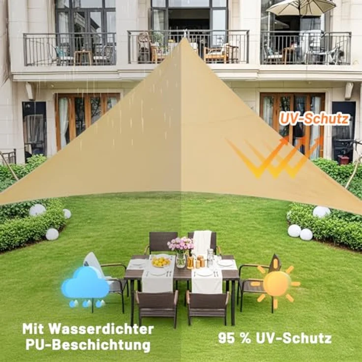 LOVE STORY Sonnensegel Wasserdicht 4 x 4 x 5. 65m Dreieckig Rechtwinklig PES Polyester Sonnenschutz Windschutz Balkon Terrasse 95% UV-Schut,für Balkon Garten,Sandbeige – Bild 4