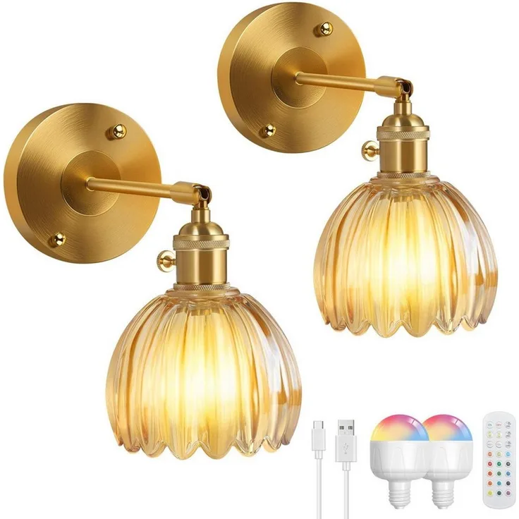 POPOLIC LED Wandleuchte Dimmbar Wiederaufladbar Gold Wandleuchten, 3 Farbtemperaturen+RGB, LED fest integriert, mit Glühbirne, Zeitschaltuhr, Speicherfunktion, Kabellos
