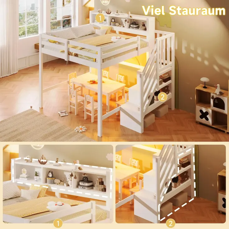 Hochbett mit RGB LED-Streifen, Stauraum, Lattenrost, Rausfallschutz und Regal, Treppe mit Regal, 140x200 cm, Kinderbett, Kiefer – Bild 5
