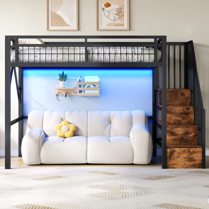 Hochbett mit RGB LED-Streifen, Lattenrost, Treppe, Regal, Rausfallschutz, 90x200cm, Kinderbett, Metallbett, Jugendbett – Bild 2