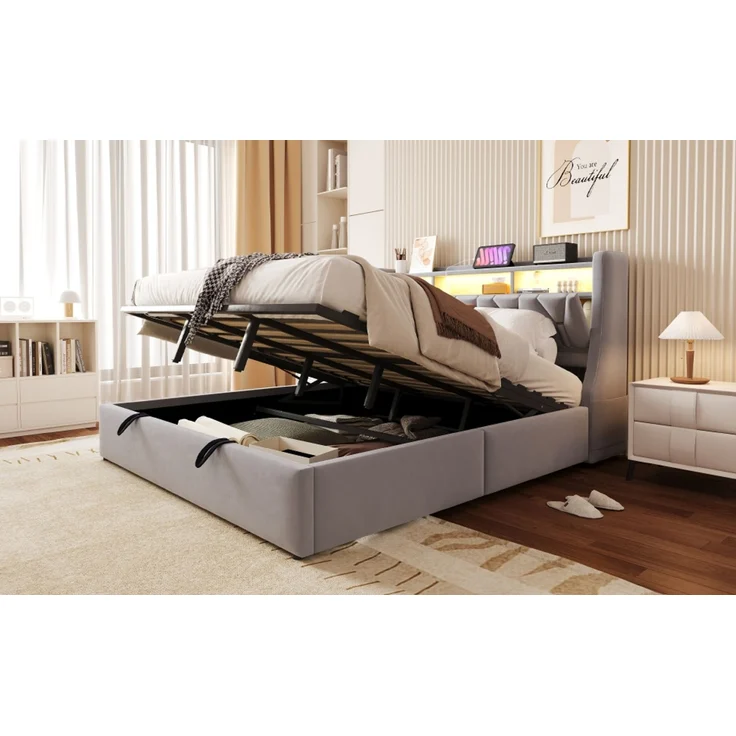 U-life Polsterbett 180x200 cm, fürs Schlafzimmer, hydraulischer Stauraum, klappbar, Steckdose und Ablagefach, LED-Beleuchtung, Sperrholz, Hellgrau – Bild 6