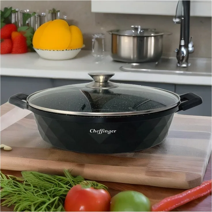 Pfanne Bratpfanne Schmorpfanne mit Glasdeckel Aluguss Ø28cm DIAC28SH Schwarz