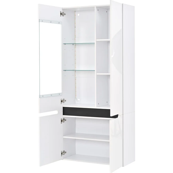 DESVIAE Vitrinenschrank Weiß aus MDF – 80x180x35 cm – LED-Beleuchtung, 4 Türen, 8 Fächer – Bild 8