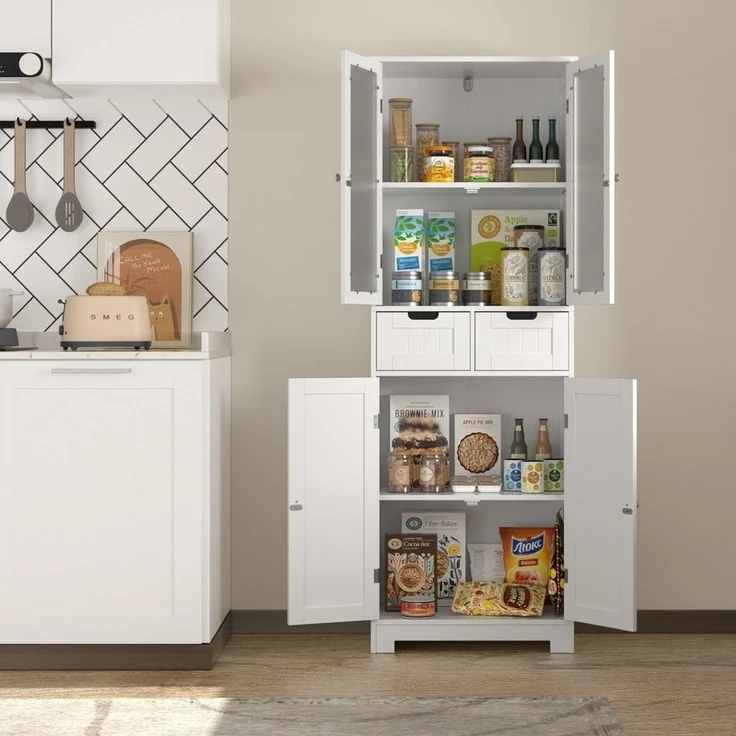 HOMECHO Hochschrank Badezimmerschrank Badschrank mit 4 Türen 2 Schubladen Weiß – Bild 3