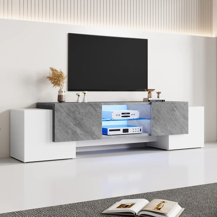 TV Lowboard 180cm weiß grau mit LED Beleuchtung App 4 Türen für 60-70 Zoll Fernseher Spanplatte – Bild 3