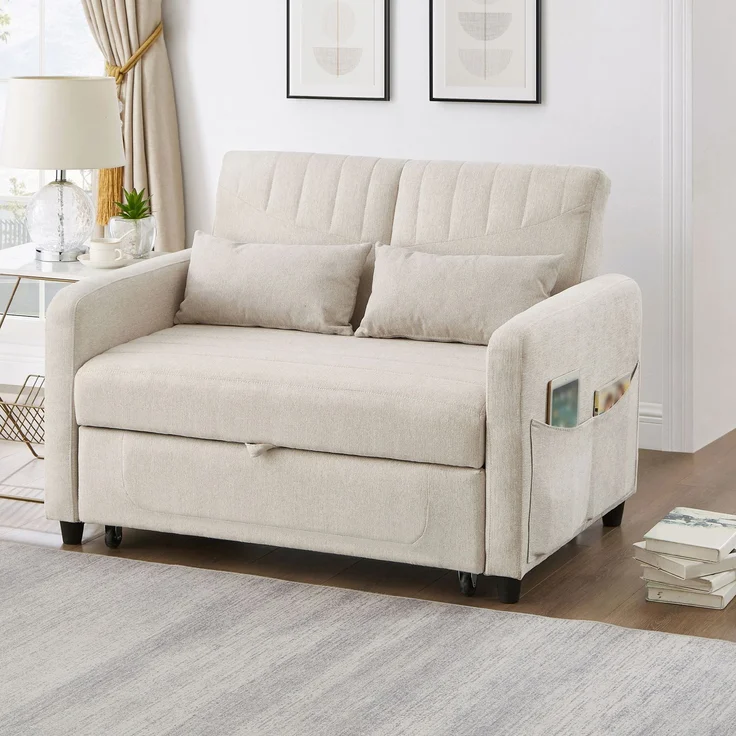 2-Sitzer Schlafsofa ausziehbar Baumwoll-Leinen, verstellbare Rückenlehne, Doppelbett Sofa für Wohnzimmer,Beige – Bild 4