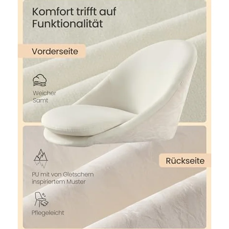 SONGMICS Homeoffice-Stuhl, Schminkstuhl mit Samt-Vorderseite, Schreibtischstuhl, Schaumstoffpolsterung, höhenverstellbar, für Arbeitszimmer, Schlafzimmer, cremeweiß OBG020WD01 – Bild 5