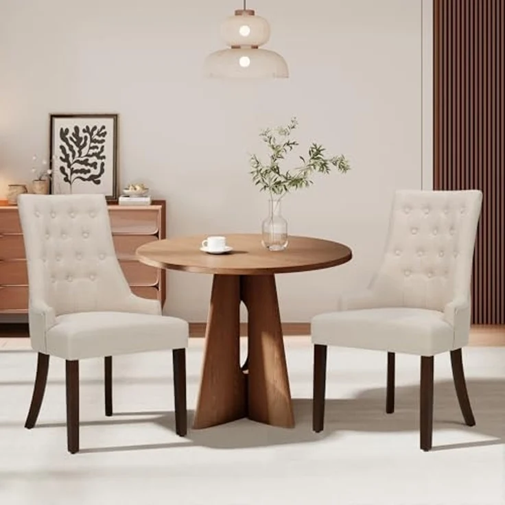 COLAMY Esszimmerstühle 2er Set, Moderne Küchenstuhl Gepolsterte Esszimmerstühle im Wingback, Polsterstuhl Wohnzimmerstuhl mit Knopfsteppung für Esszimmer, Küche, Restaurant mit Holzbeinen, Beige – Bild 2