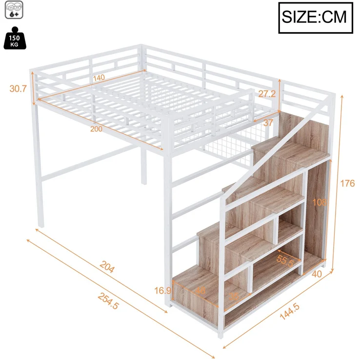EINHOM Hochbett, 140 x 200 cm, Eisenrahmen, Kleiderschrank, Stauraumleiter, Gitter zum Aufhängen von Gegenständen, Freifläche unter dem Bett, 7-farbige LED-Leuchten, Weiß (Ohne Matratze) – Bild 2