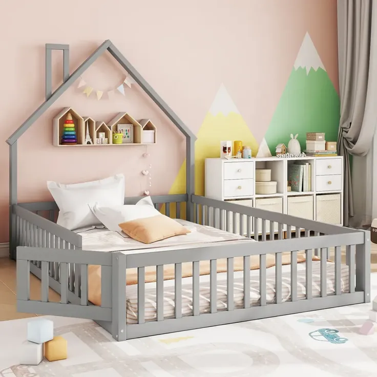 Hausbett mit Lattenrost und Rausfallschutz, 140x200 cm, Kinderbett, Jugendbett, Kiefer – Bild 3