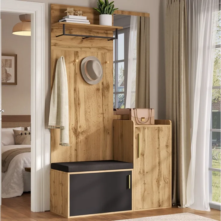 Kompaktgarderobe mit Spiegel, Sitzbank & Schuhschrank, 100x38x185 cm, Natur/Schwarz
