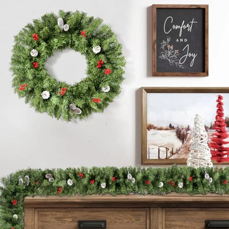Weihnachtsgirlande 220cm, Uten Tannengirlande mit Tannenzapfen und rote Beeren Weihnachtsdeko für Outdoor, Treppe, Tür, Kamin – Bild 8
