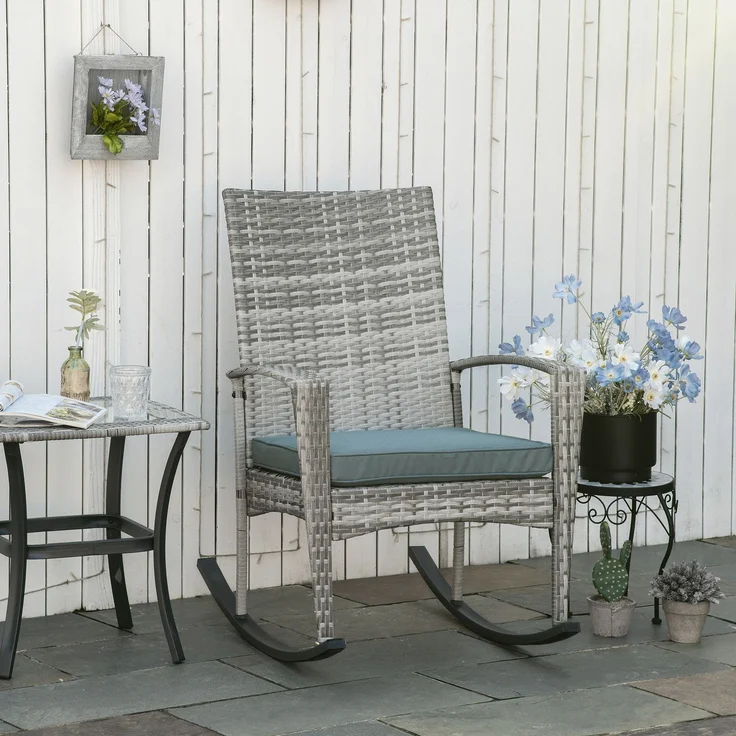 MELAYR, Schaukelstuhl Schwingsessel Gartenstuhl mit Kissen, Polyrattan+Metall, Grau, 66 x 88 x 98 cm – Bild 3